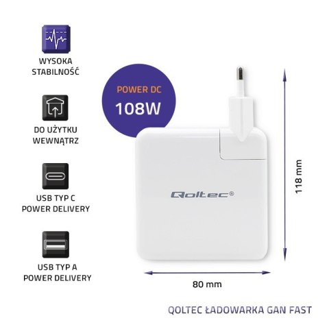Ładowarka GaN FAST 108W | 5-20V | 3-4.7A | USB C | Biała Ładowarka GaN FAST 108W | 5-20V | 3-4.7A | USB C | Biała