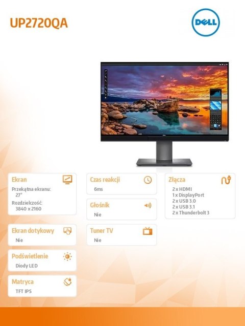 Monitor UP2720QA 27 cali IPS UHD/HDMI/DP/Thunderbolt 3/3Y PPG Monitor UP2720QA 27 cali IPS UHD/HDMI/DP/Thunderbolt 3/3Y PPG