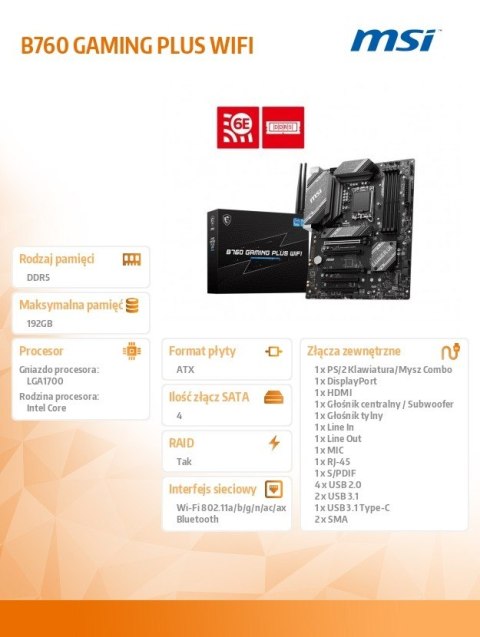 Płyta główna B760 GAMING PLUS WIFI s1700 4DDR5 DP/HDMI ATX Płyta główna B760 GAMING PLUS WIFI s1700 4DDR5 DP/HDMI ATX