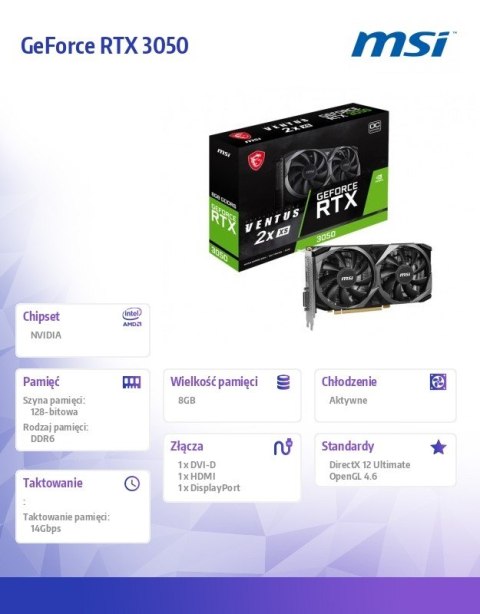 Karta graficzna GeForce RTX 3050 Ventus 2X XS 8G OC GDDR6 128bit HDMI Karta graficzna GeForce RTX 3050 Ventus 2X XS 8G OC GDDR6 128bit HDMI