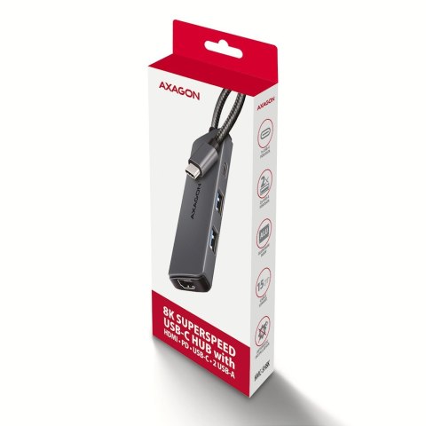 HMC-5H8K Wieloportowy hub USB 5in1, 5Gbps, 2x USB-A, 1x USB-C, HDMI 8K/30Hz, PD 100W, 15cm USB-C kabel