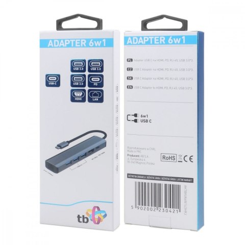 Adapter HUB USB C 6w1 - HDMI, USBx3, PD, RJ-45 Adapter HUB USB C 6w1 - HDMI, USBx3, PD, RJ-45