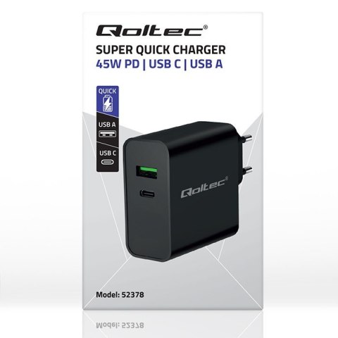 Ładowarka Super Quick PD | 1xUSB-C | 1xUSB | 45W | 5-20V | 2.25-3A | Czarna Ładowarka Super Quick PD | 1xUSB-C | 1xUSB | 45W | 5-20V | 2.25-3A | Czarna