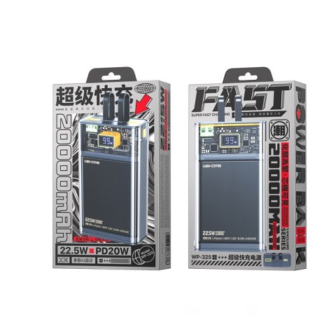 Power bank WP-325 Vanguard Series - 20000 mAh Super Charging z wbudowanym kablem USB-C & Lightning PD 20W + QC 22.5W (Czarny / P Power bank WP-325 Vanguard Series - 20000 mAh Super Charging z wbudowanym kablem USB-C & Lightning PD 20W + QC 22.5W (Czarny / P
