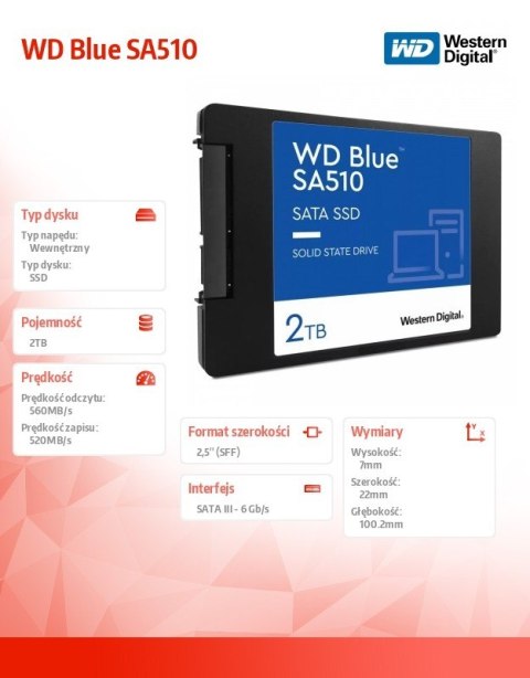 Dysk SSD WD Blue SA510 2TB 2,5 cala Dysk SSD WD Blue SA510 2TB 2,5 cala