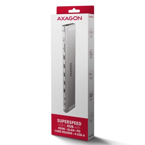 HMC-10HLS Wieloportowy hub USB 9in1, 5Gbps, 4x USB-A, HDMI 4K/60Hz, GLAN, SD/microSD, PD 100W, 25cm USB-C kabel