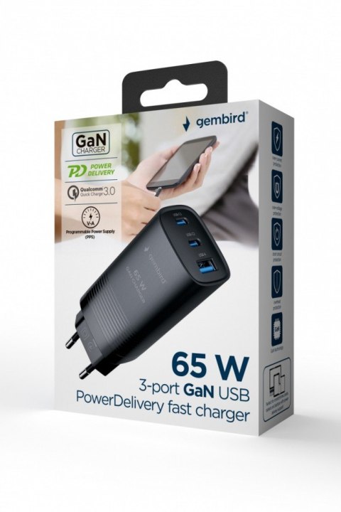 Ładowarka PowerDelivery 1xA 2xC GaN 65W Czarna Ładowarka PowerDelivery 1xA 2xC GaN 65W Czarna
