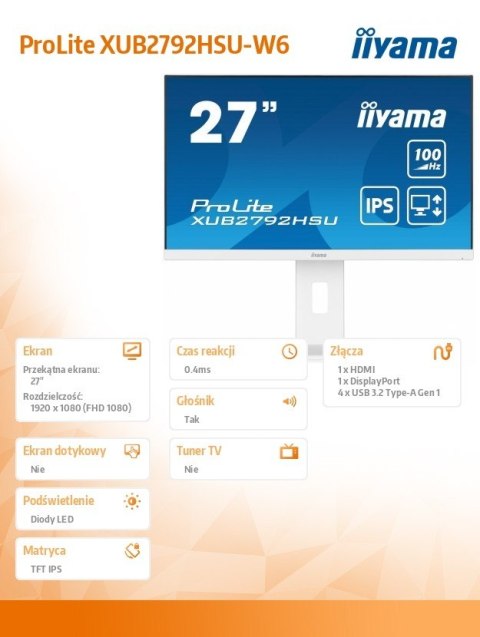 Monitor 27 cali ProLite XUB2792HSU-W6 IPS,HDMI,DP,100Hz,SLIM,4xUSB3.2,PIVOT, HAS(150mm),2x2W