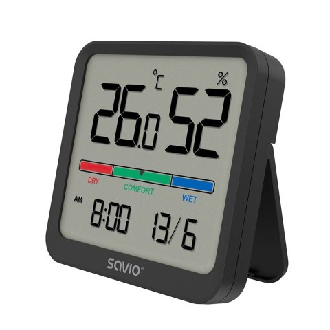 Czujnik temperatury i wilgotności, do użytku wewnętrznego, ekran LCD, zegar, data, uchwyt z magnesem, CT-01/B Czarny Czujnik temperatury i wilgotności, do użytku wewnętrznego, ekran LCD, zegar, data, uchwyt z magnesem, CT-01/B Czarny