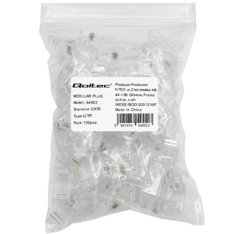 Wtyk złącze modularne RJ45 | CAT6 | UTP | Pozłacane styki | 100 sztuk Wtyk złącze modularne RJ45 | CAT6 | UTP | Pozłacane styki | 100 sztuk