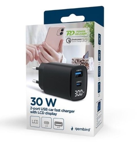 Ładowarka GaN 1xUSB-A 1xUSB-C LCD 30W PD QC3.0 czarna Ładowarka GaN 1xUSB-A 1xUSB-C LCD 30W PD QC3.0 czarna