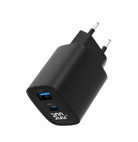 Ładowarka GaN 1xUSB-A 1xUSB-C LCD 30W PD QC3.0 czarna Ładowarka GaN 1xUSB-A 1xUSB-C LCD 30W PD QC3.0 czarna