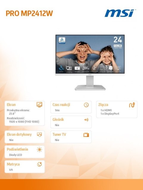 Monitor PRO MP2412W 23.8 cala LED/FHD/Flat/100Hz/Biały Monitor PRO MP2412W 23.8 cala LED/FHD/Flat/100Hz/Biały
