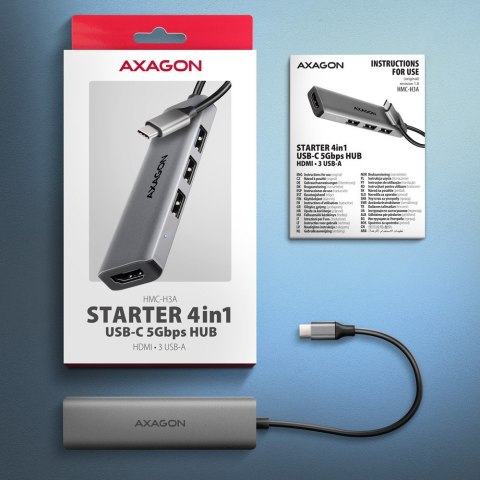 HMC-H3A Wieloportowy hub USB 4in1, 5Gbps, 3x USB-A (2x USB2.0, 1x USB3.0) + HDMI 4K/30Hz, metal, 15cm USB-C kabel HMC-H3A Wieloportowy hub USB 4in1, 5Gbps, 3x USB-A (2x USB2.0, 1x USB3.0) + HDMI 4K/30Hz, metal, 15cm USB-C kabel