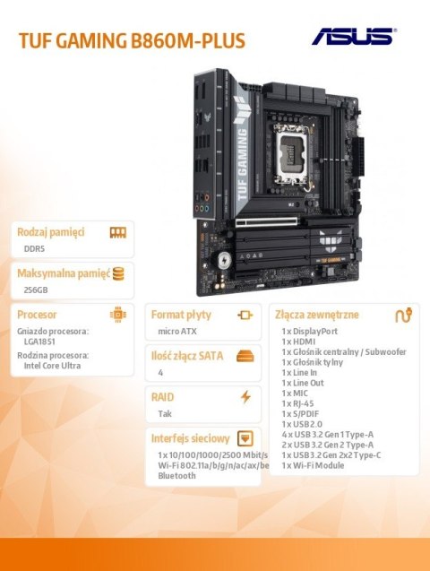 Płyta główna TUF GAMING B860M-PLUS s1851 4DDR5 USBC mATX Płyta główna TUF GAMING B860M-PLUS s1851 4DDR5 USBC mATX