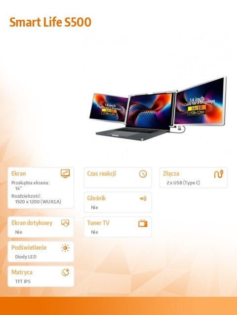 Przenośne monitory do laptopa Smart Life S500 14'', 2 monitory, IPS,1920x1200 Przenośne monitory do laptopa Smart Life S500 14'', 2 monitory, IPS,1920x1200