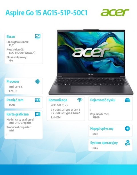 Notebook Aspire Go 15 AG15-51P-50C1 i5-1334U 15.3 16GB 512GB NoOS Czarny