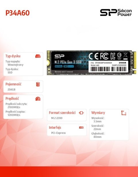Dysk SSD A60 256GB M.2 PCIe 2100/1200 MB/s NVMe Dysk SSD A60 256GB M.2 PCIe 2100/1200 MB/s NVMe