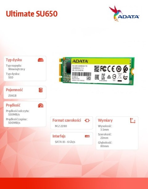 Dysk SSD Ultimate SU650 256GB M.2 TLC 3D 2280 SATA Dysk SSD Ultimate SU650 256GB M.2 TLC 3D 2280 SATA
