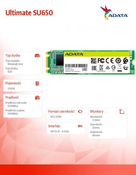 Dysk SSD Ultimate SU650 512GB M.2 TLC 3D 2280 SATA Dysk SSD Ultimate SU650 512GB M.2 TLC 3D 2280 SATA