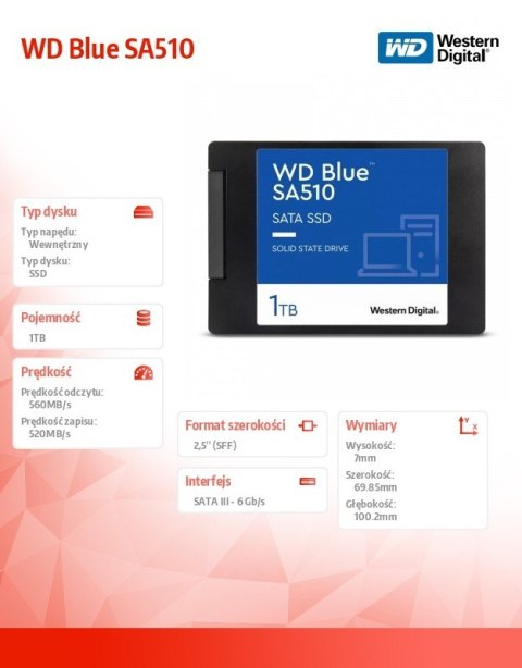 Dysk SSD WD Blue 1TB SA510 2,5 cala WDS100T3B0A Dysk SSD WD Blue 1TB SA510 2,5 cala WDS100T3B0A