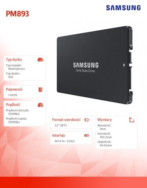 Dysk SSD PM893 DCT 7680GB MZ7L37T6HBLA-00W07 SATA Dysk SSD PM893 DCT 7680GB MZ7L37T6HBLA-00W07 SATA