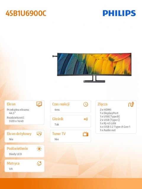 Monitor 45 cali 45B1U6900C VA Curved HDMIx2 DP USB-C HDR KVR HAS Głośniki