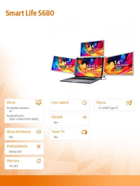 Przenośne monitory do laptopa Smart Life S680 14 cali, 3 monitory IPS, 1080p Full HD