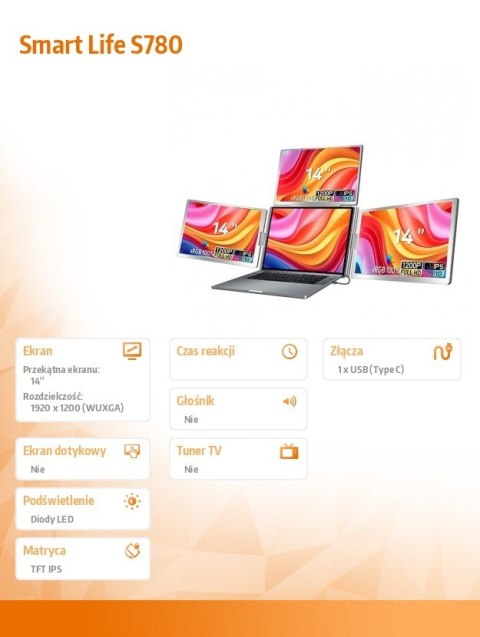 Przenośne monitory do laptopa Smart Life S780 14 cali S780 3 monitory, IPS, 1920x1200 Przenośne monitory do laptopa Smart Life S780 14 cali S780 3 monitory, IPS, 1920x1200