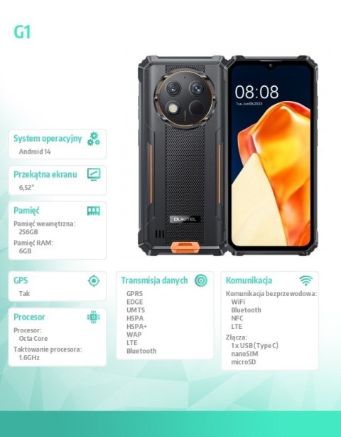 Smartfon G1 4G 6/256GB IP69K Pomarańczowy Smartfon G1 4G 6/256GB IP69K Pomarańczowy
