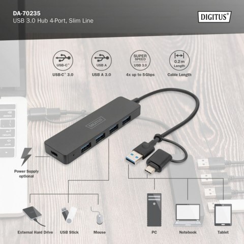 Hub USB 3.0/Koncentrator 4-portowy SlimLine USB A + adapter USB-C 5Gbps, złącze zasilania USB-C Hub USB 3.0/Koncentrator 4-portowy SlimLine USB A + adapter USB-C 5Gbps, złącze zasilania USB-C