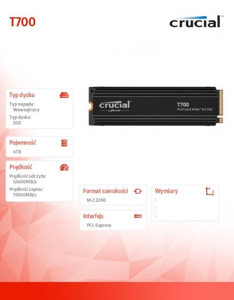 Dysk SSD T700 4TB M.2 NVMe 2280 PCIe 5.0 12400/11800 Radiator Dysk SSD T700 4TB M.2 NVMe 2280 PCIe 5.0 12400/11800 Radiator