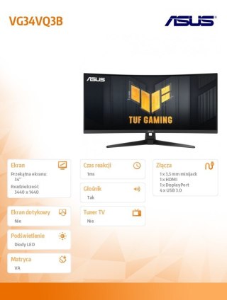 Monitor 34 cale VG34VQ3B WQHD 180Hz DP HDMI TUF 1500R