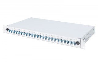 Przełącznica światłowodowa/panel krosowy z wyposażeniem 19 cali 1U, 24x LC duplex, OS2, zawiera pigtaile, adaptery, tacki, wysuw