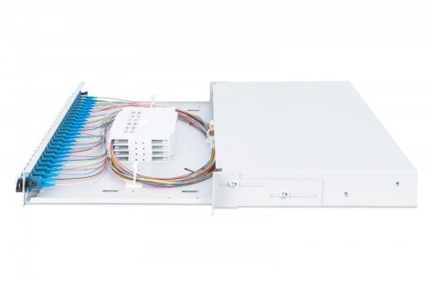 Przełącznica światłowodowa/panel krosowy z wyposażeniem 19 cali 1U, 24x LC duplex, OS2, zawiera pigtaile, adaptery, tacki, wysuw