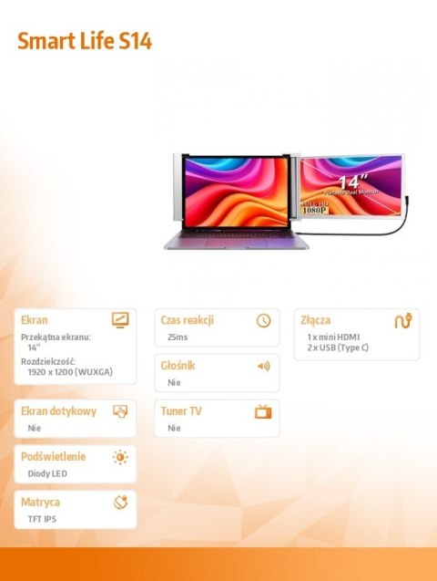 Przenośne monitory do laptopa Smart Life S14 14'' 2 monitory, IPS,1920x1200