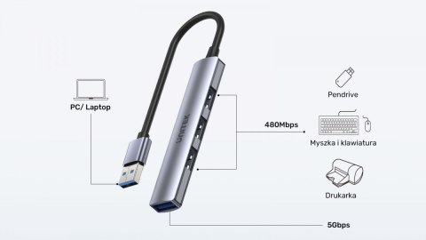 Hub USB-A; 3x USB-A 2.0; 1x USB-A 5 Gbps Aluminiowy Hub USB-A; 3x USB-A 2.0; 1x USB-A 5 Gbps Aluminiowy
