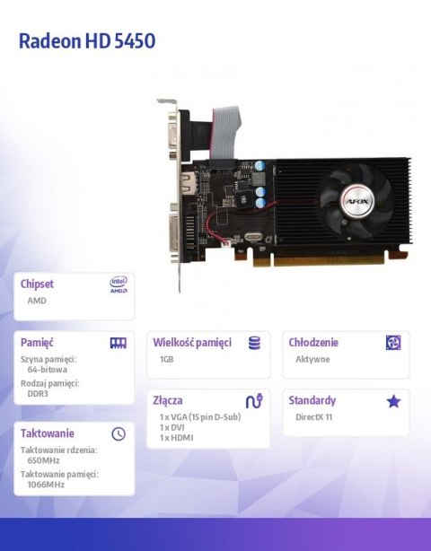 Karta graficzna Radeon HD 5450 1GB DDR3 64Bit DVI HDMI VGA LP Fan L5