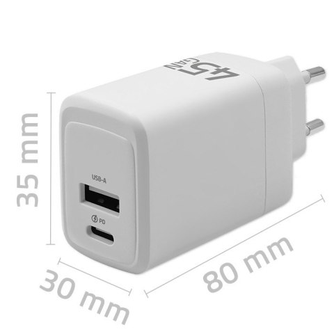 Ładowarka sieciowa 45W GaN | 5-20V | 1.5-3A | 1xUSB-C PD | 1xUSB QC 3.0 | Biała Ładowarka sieciowa 45W GaN | 5-20V | 1.5-3A | 1xUSB-C PD | 1xUSB QC 3.0 | Biała