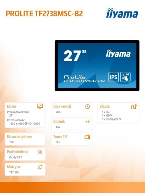 Monitor wielkoformatowy 27 cali TF2738MSC-B2 IPS,FHD,DVI,DP,HDMI,2x3W,poj.10p,IP1X Monitor wielkoformatowy 27 cali TF2738MSC-B2 IPS,FHD,DVI,DP,HDMI,2x3W,poj.10p,IP1X
