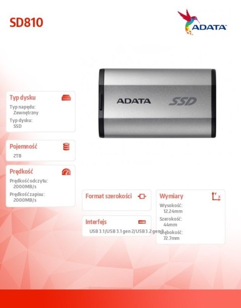 Dysk SSD External SD810 2TB USB3.2C 20Gb/s srebrny Dysk SSD External SD810 2TB USB3.2C 20Gb/s srebrny