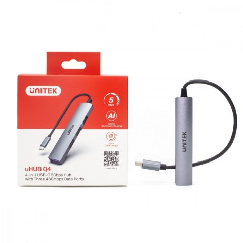 HUB USB-C; 3x USB-A 2.0 1x USB-A 5 Gbps Aluminiowy HUB USB-C; 3x USB-A 2.0 1x USB-A 5 Gbps Aluminiowy