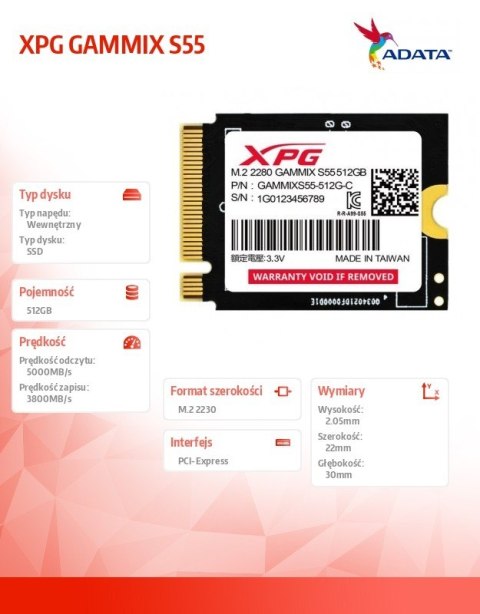 Dysk SSD XPG GAMMIX S55 512GB PCIe 4x4 5/3.8MB/s M2230 Dysk SSD XPG GAMMIX S55 512GB PCIe 4x4 5/3.8MB/s M2230