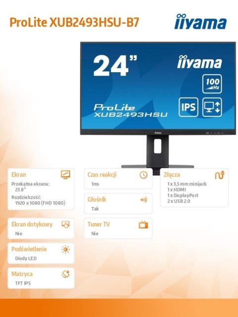 Monitor 24 cale XUB2493HSU-B7,IPS.HDMI.DP.2x2W.USBx2,300cd