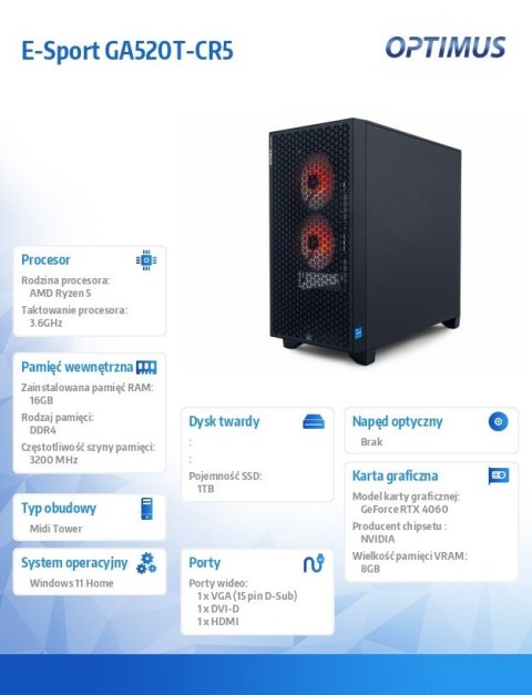 Komputer E-Sport GA520T-CR5 R5-4500/16GB/1TB/RTX 4060 8GB/W11 Komputer E-Sport GA520T-CR5 R5-4500/16GB/1TB/RTX 4060 8GB/W11
