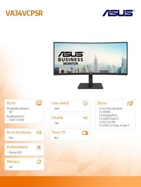Monitor VA34VCPSR 34 cale WQHD USB-C RJ45 1500R 21:9