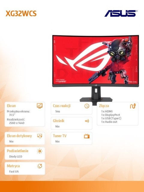 Monitor 32 cale XG32WCS ROG S 180Hz DP HDMI USB-C Monitor 32 cale XG32WCS ROG S 180Hz DP HDMI USB-C