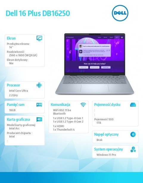 Notebook Dell 14 Plus DB14250 Win11Pro Ultra 7 256V/16GB/1TB/14.0 2.5K/Arc/FgrPr/WLAN + BT/Backlit Kb/4 Cell/3Y ProSupport