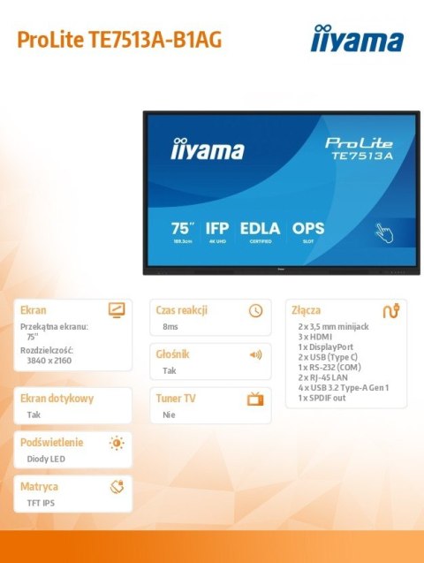 Monitor 75 cali TE7513A-B1AG INFRARED,40pkt,IPS,4K,7H,450cd/m2, WiFi,USB, ANDROID 14, Google EDLA,2x20W, UCHWYT CIENNY