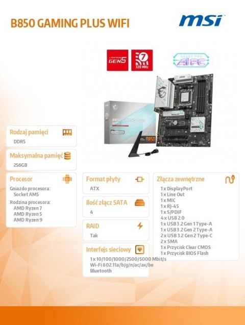 Płyta główna B850 GAMING PLUS WIFI A M5 4DDR5 ATX Płyta główna B850 GAMING PLUS WIFI A M5 4DDR5 ATX